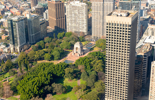 Sydney, Australia - July 25, 2023: A bright day in Sydney, and this is the view looking down onto Hyde Park and the city's iconic Anzac Memorial.