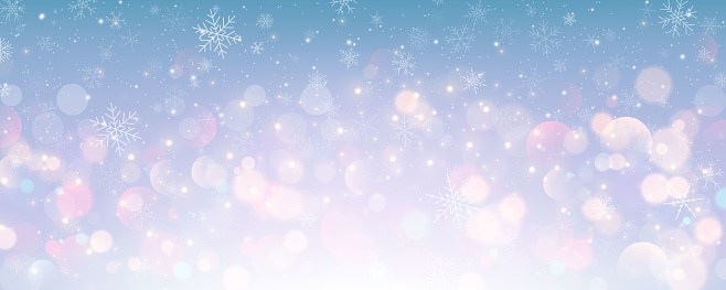 Christmas snowy background. Cold blue winter sky. Vector ice blizzard on gradient texture with bokeh. Festive new year theme for season sale wallpaper