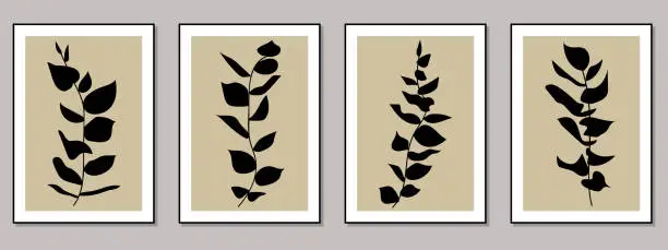 Vector illustration of Vector colors trendy fashion branch and leaves botanical art gallery wallpaper posters card template set design backgrounds