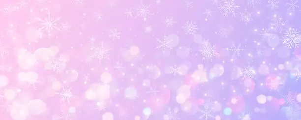Vector illustration of Christmas snowy background. Cold pink winter sky. Vector ice blizzard on gradient texture with bokeh and flakes. Festive new year theme for season sale wallpaper.