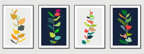 Vector illustration of Vector trendy fashion branch and leaves botanical art gallery wallpaper posters card template design backgrounds