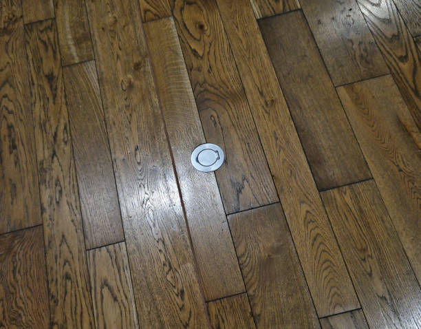 the hidden ip4 socket is in the floor at ground level. hardwood floors. planks with a texture of annual rings and a gray cover with a waterproof flap, cap. metal gray circular hinged for connecting - floorbox imagens e fotografias de stock