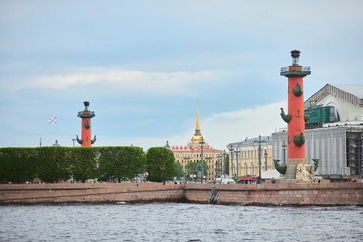 Saint PETERSBURG, Russia - May 27, 2021: Rostral columns on the spit of Vasilievsky Island