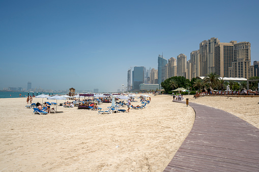 Panoramic view of the golden sand in the JBR beach area. High quality photo
