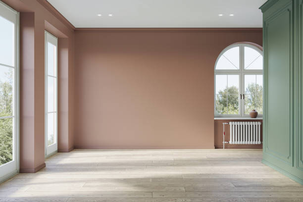 istock Interior design of empty modern apartment in pastel blush color. Interior mockup, 3d rendering 1803643003