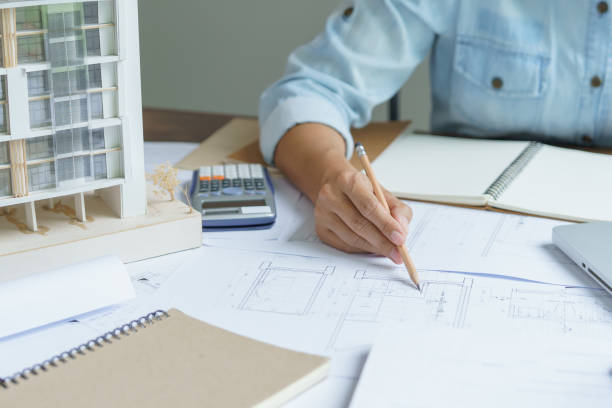 istock Architecture drawing on architectural Creative project business architecture building constructionÂ Industrial engineering. 1803646642
