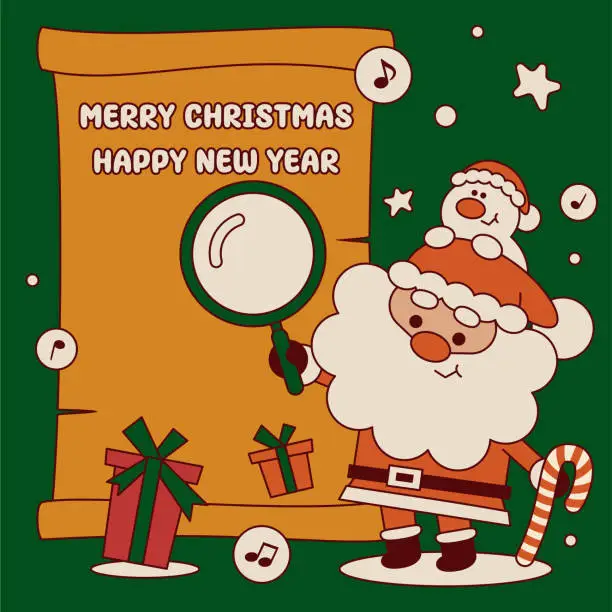 Vector illustration of Cute Santa Claus holds a magnifying glass to check out the list of Christmas presents and wishes you a Merry Christmas and a Happy New Year