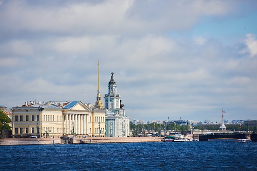 St. Petersburg, Russia-May 27, 2021: Old buildings on the spit of Vasilievsky Island in the city center