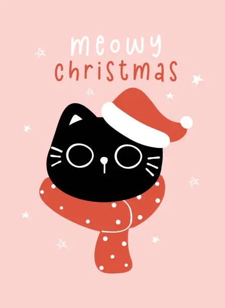 Vector illustration of Cute Christmas Black Cat with Santa Hat, Meowy Christmas, humor greeting card, Funny and Playful Cartoon Illustration.