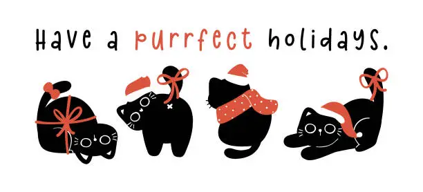 Vector illustration of Cute Christmas Black Cat, humor greeting card banner, Funny and Playful Cartoon Illustration.