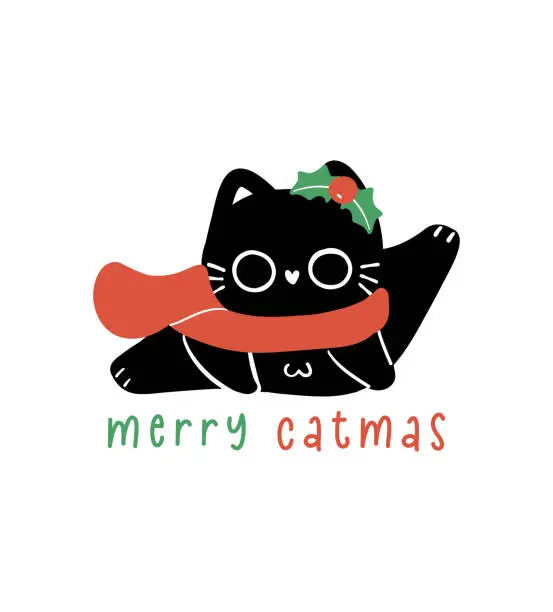 Vector illustration of Cute Christmas Black Cat, merry catmas, humor greeting card, Funny and Playful Cartoon Illustration.