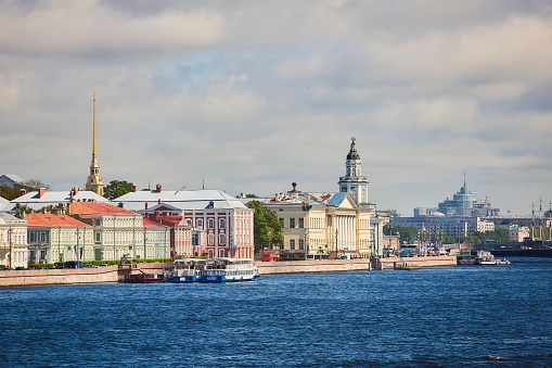St. Petersburg, Russia-May 27, 2021: Neva River in the city center, bridges and old buildings.