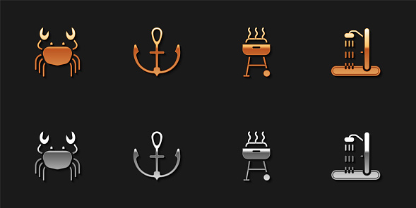 Set Crab, Anchor, Barbecue grill and Beach shower icon. Vector