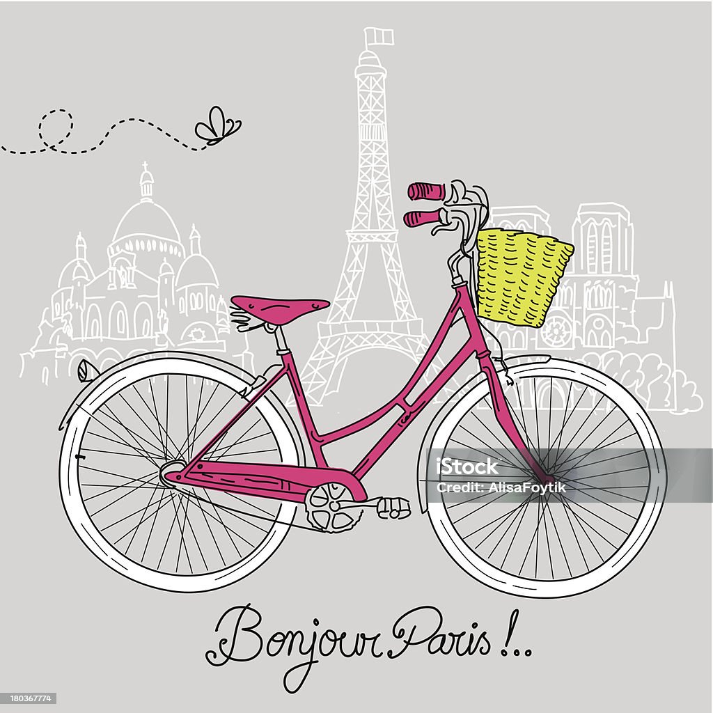 Retro Bicycle with Basket Riding a bike in style, Romantic postcard from Paris Bicycle stock vector