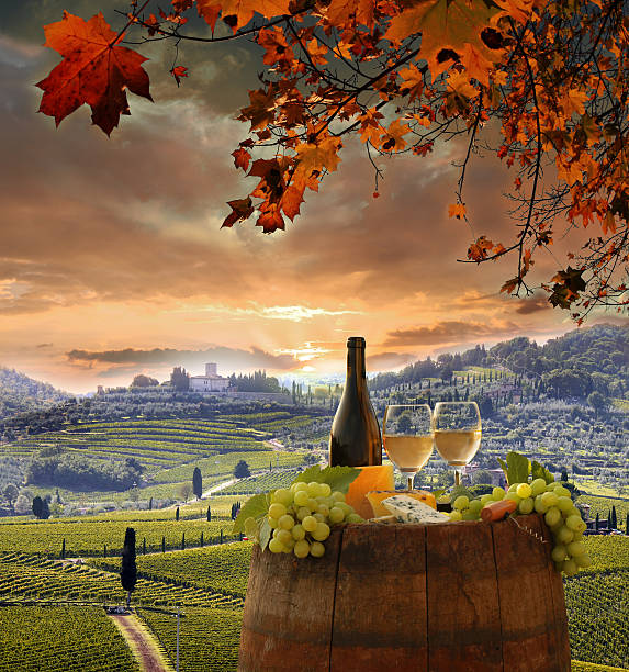 paesaggio floreale con vino morta in chianti, toscana, italia - wine cheese food cellar foto e immagini stock