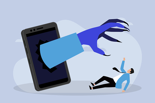 Small businessman scared by scary hand who appearing from mobile phone 2d flat vector illustration
