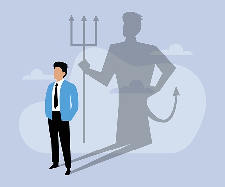 Businessman standing with hands on waist facing his own evil shadow 2d flat vector illustration