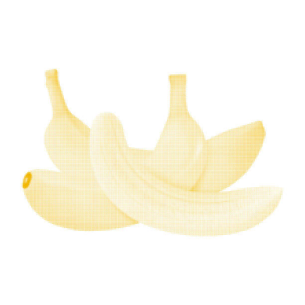 ilustrações, clipart, desenhos animados e ícones de bananas inteiras e descascadas isoladas, de pontos de círculo amarelo de diferentes tamanhos no fundo branco - banana peeled banana peel white background