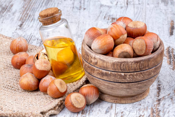 istock Hazelnut oil in a glass bottle 1803710886