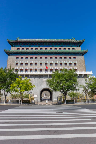 Zebra in front of the historic archery tower in Beijing