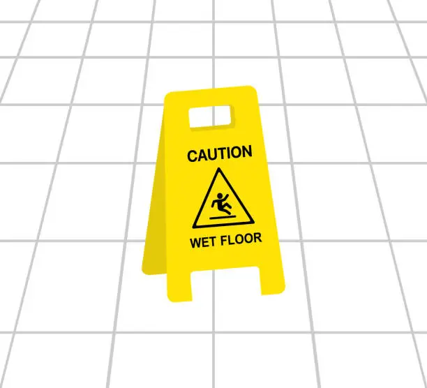 Vector illustration of Wet Floor Caution Sign On Tiled Floor