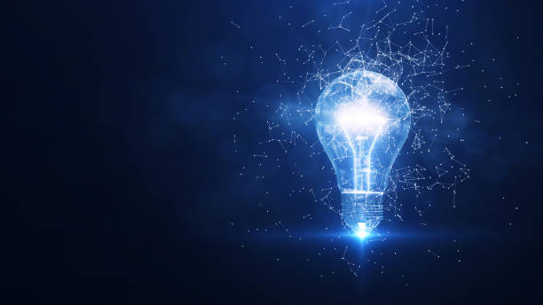 Electric light bulb bright polygonal connections on a dark blue background. Technology concept innovation artificial intelligence brainstorming business success.