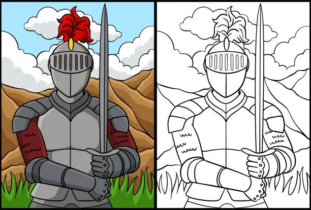 Vector illustration of Knight in Armor Coloring Page Colored Illustration