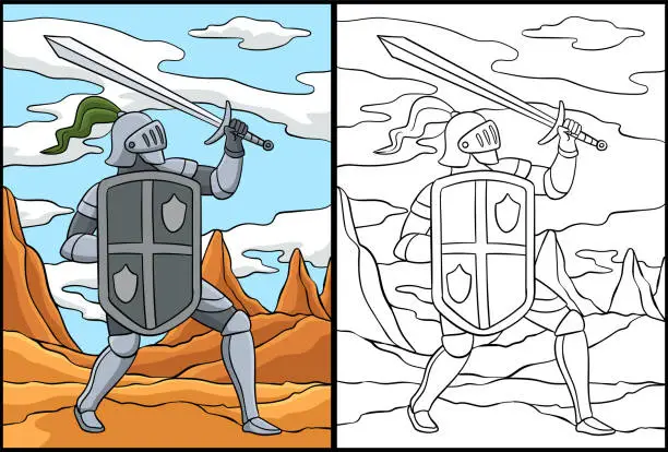 Vector illustration of Knight Attacking Pose Coloring Page Illustration