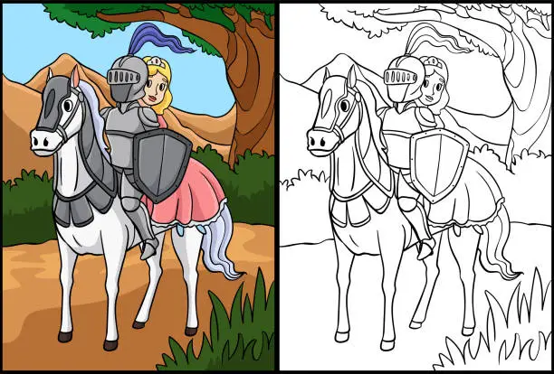 Vector illustration of Knight and a Princess Riding a Horse Illustration