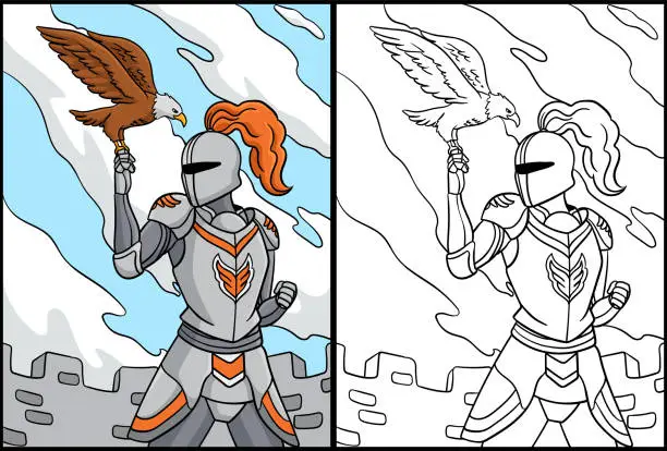 Vector illustration of Knight with an Eagle Coloring Page Illustration