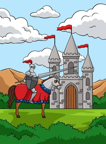 Vector illustration of Knight Riding Horse in Front of a Castle Colored