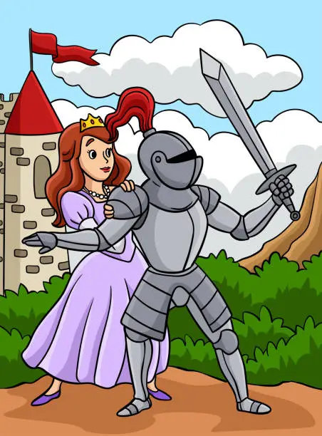 Vector illustration of Knight Protecting the Princess Colored Cartoon