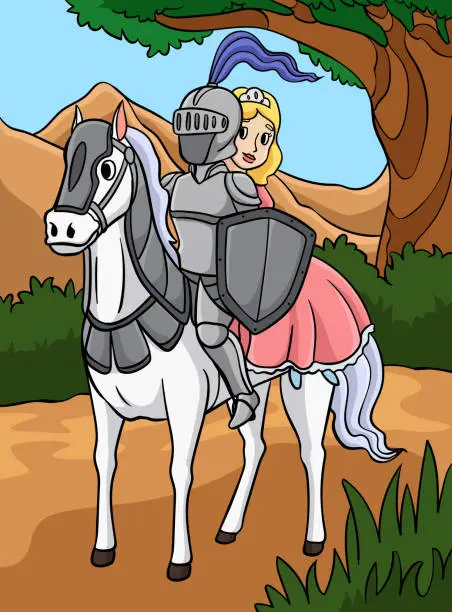 Vector illustration of Knight and a Princess Riding a Horse Colored
