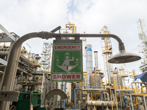 emergency shower and eyewash symbol boards in the chemical factory area