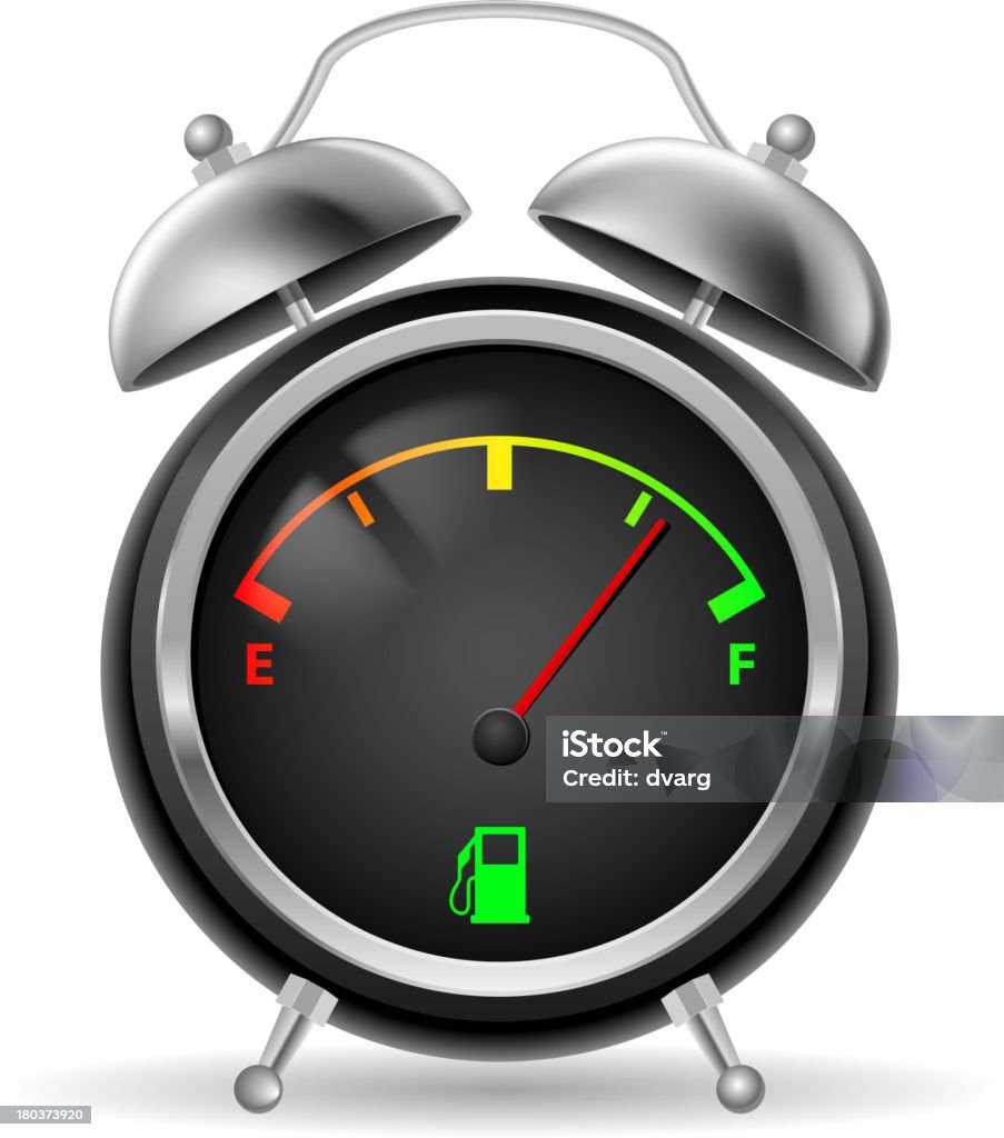 Fuel indicator in clock design. Fuel indicator in creative retro alarm clock design. Colorful signs on black face. Illustration on white. Alertness stock vector