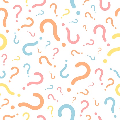 Question marks seamless pattern. Vector question texture for online survey or quiz. Colorful quiz texture.