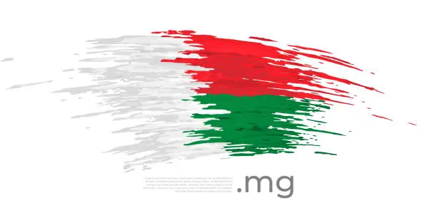 Vector illustration of Madagascar flag. Brush strokes, grunge. Stripes colors of the madagascar flag on a white background. Vector design national poster, template, place for text. State patriotic banner, flyer