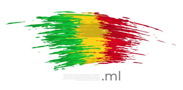 Vector illustration of Mali flag. Brush strokes, grunge. Stripes colors of the malian flag on a white background. Vector design national poster, template, place for text. State patriotic banner of mali, flyer
