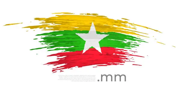 Vector illustration of Myanmar flag. Brush strokes, grunge. Stripes colors of the myanmar flag on a white background. Vector design national poster, template, place for text. Independence day. State patriotic banner, flyer