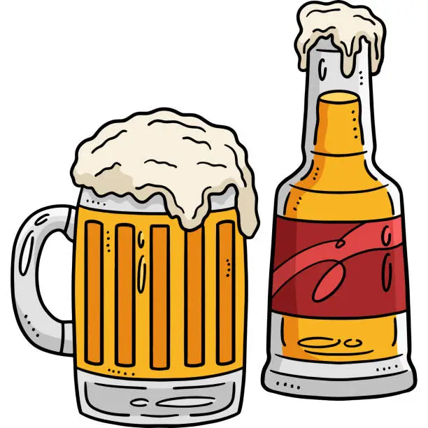 Vector illustration of Beer Bottle and Mug Beer Cartoon Colored Clipart