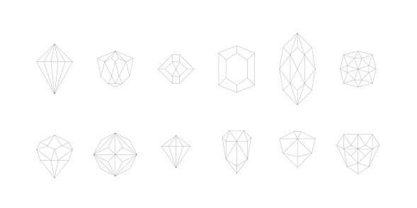 Minimal diamond and faceted gemstone set. Simple vector jewels collection.