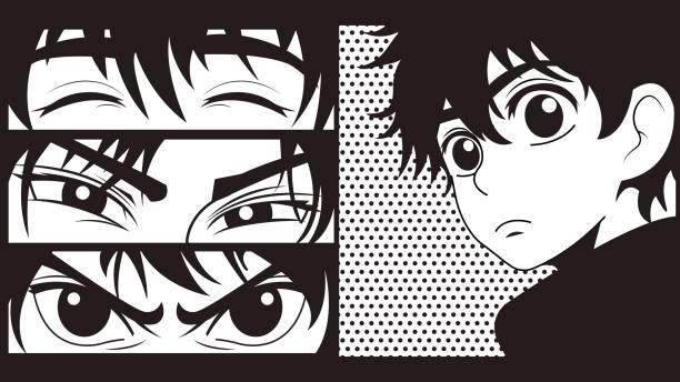 Close up eye look of manga style characters. Anime young boy eyes set. Asian culture cartoon style eyes. Black and white comic cartoon manga vector template for you designs.
