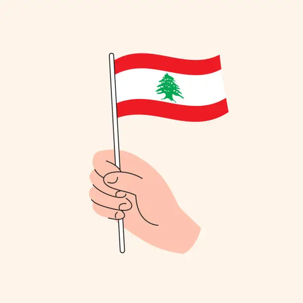 Vector illustration of Cartoon Hand Holding Lebanese Flag, Isolated Vector Design.
