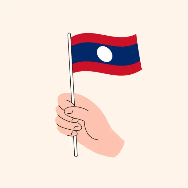 Vector illustration of Cartoon Hand Holding Laotian Flag, Isolated Vector Design.