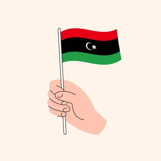 Vector illustration of Cartoon Hand Holding Libyan Flag, Isolated Vector Design.