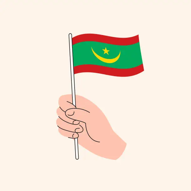 Vector illustration of Cartoon Hand Holding Mauritanian Flag, Isolated Vector Design.