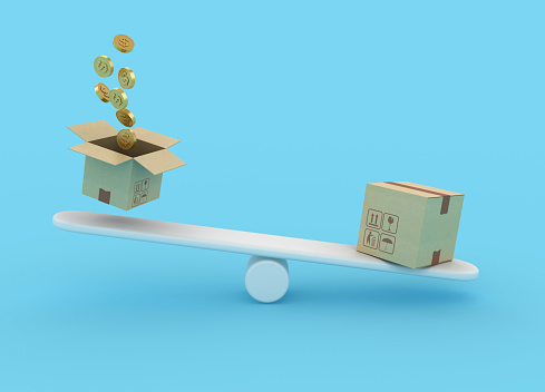 Cardboard Boxes with Dollar Coins on Seesaw - Color Background - 3D Rendering