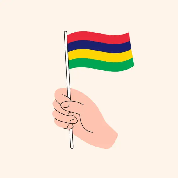 Vector illustration of Cartoon Hand Holding Mauritian Flag, Isolated Vector Design.