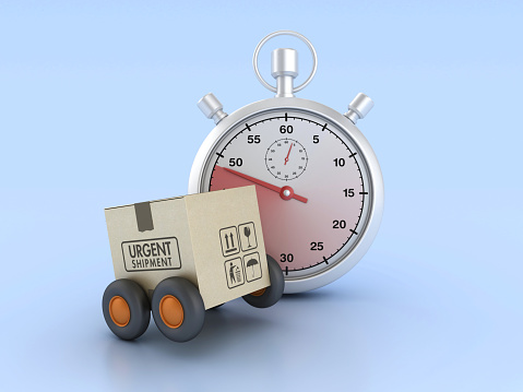 Cardboard Box with Urgent Shipment Label and Stopwatch -  Color Background - 3D Rendering