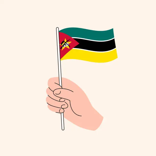 Vector illustration of Cartoon Hand Holding Mozambican Flag, Isolated Vector Design.